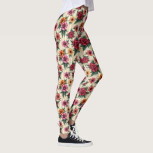 Legging Flores Rosa Vermelho Dourado em Listras Bege