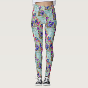 Legging Flores roxas e azuis quadrados Zigzags