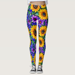 Legging Flores Roxas e Girassóis Amarelos Floral