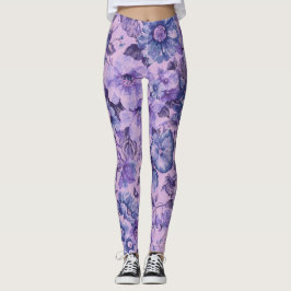 Legging Flores Roxas e Rosadas em Fundo Lavanda