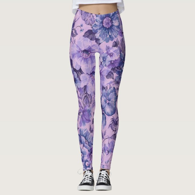 Legging Flores Roxas e Rosadas em Fundo Lavanda (Frente)