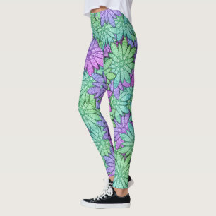 Legging Flores roxas e verdes divertidas