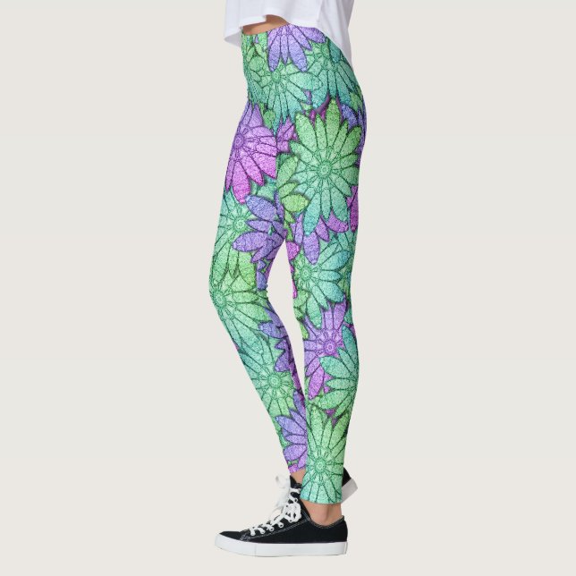 Legging Flores roxas e verdes divertidas (Esquerda)
