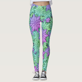 Legging Flores roxas e verdes divertidas