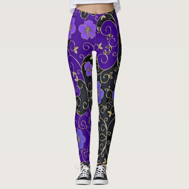 Legging Flores Roxas Elegantes Com Folhas Douradas E Enxer (Frente)