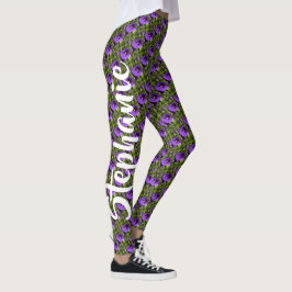 Legging Flores Roxas em Nome Verde Personalizado