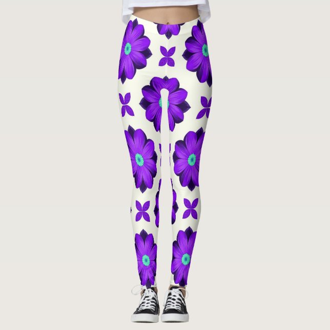 Legging Flores Roxas Vibrantes e Motivos de Folhas (Frente)