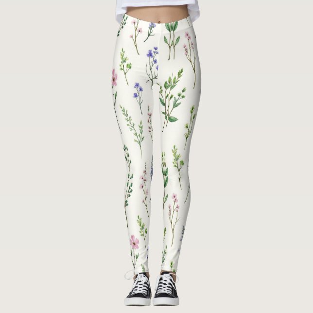 Legging Flores Selvagens E Plantas Herbáceas Padrão Sem Co (Frente)