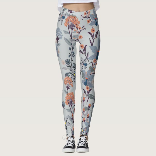 Legging Flores selvagens em padrão botânico azul. (Frente)
