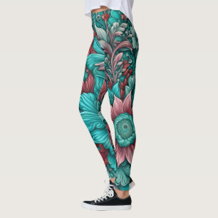 Legging Flores surreais, vermelho-ciano e rosa