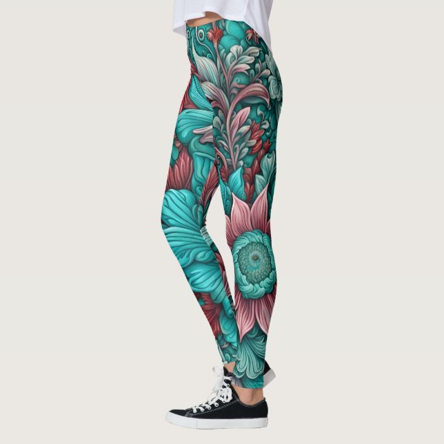 Legging Flores surreais, vermelho-ciano e rosa (Esquerda)