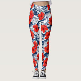Legging Flores Tropicais De Hibisco Ferns Vermelho Branco 