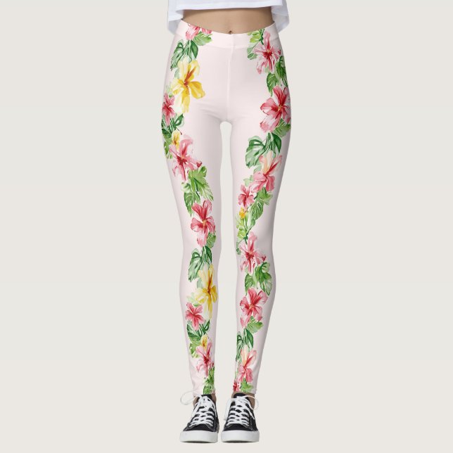 Legging Flores Tropicais de Hibisco Rosa Amarelo (Frente)