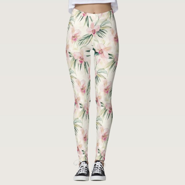 Legging Flores Tropicais de Orquídeas bonito Rosa (Frente)