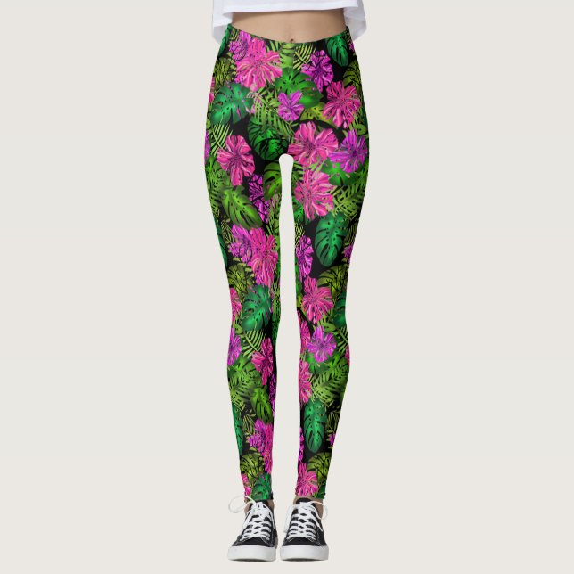 Legging Flores tropicais e plantas a preto (Frente)