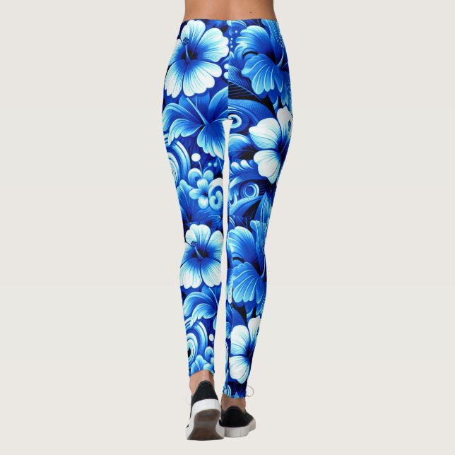 Legging Flores tropicais havaianas Hibiscus Cobalt Blue (Verso)
