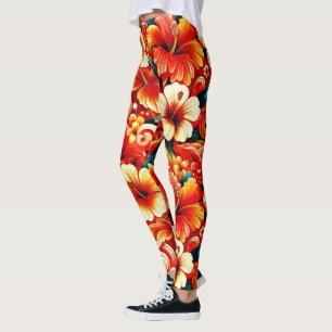 Legging Flores tropicais havaianas Hibiscus Orange Yellow