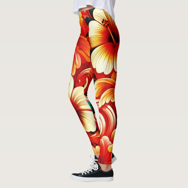 Legging Flores tropicais havaianas Hibiscus Orange Yellow (Esquerda)