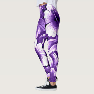 Legging Flores tropicais havaianas Hibiscus Purple White