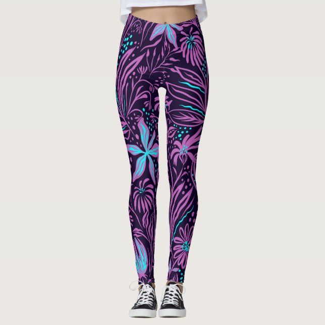 Legging Flores tropicais roxas e azuis Yoga Leisurewear (Frente)