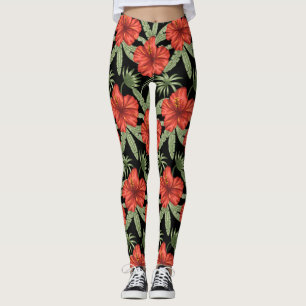 Legging Flores tropicais vermelhas Folhas verdes