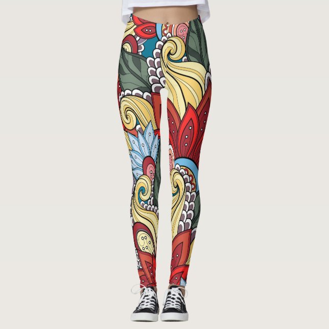 Legging Flores Verdes Amarelas Vermelhas E Rolhas (Frente)