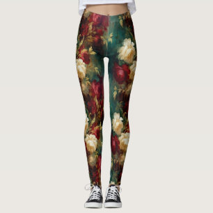 Legging Flores Verdes Brancas Vermelhas
