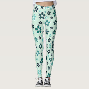 Legging Flores verdes e azuis sobre fundo verde claro