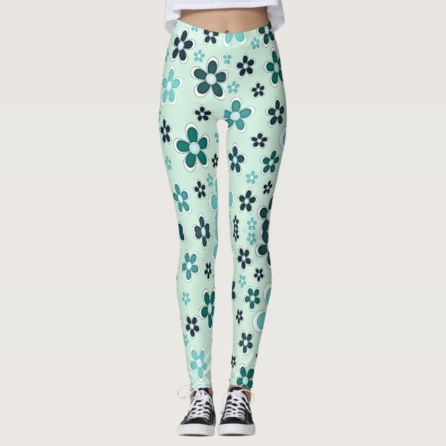 Legging Flores verdes e azuis sobre fundo verde claro (Frente)