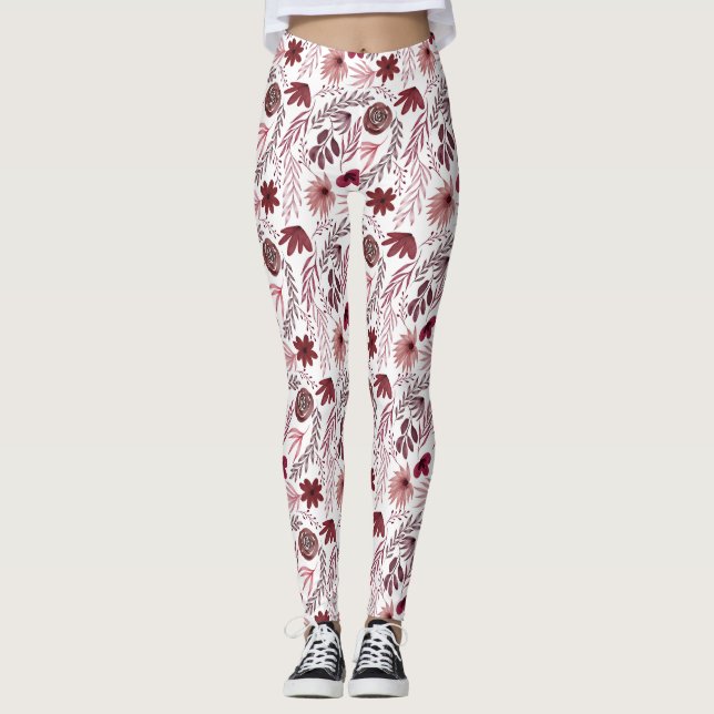 Legging Flores Vermelhas bonito, Impressão de Aquarela Flo (Frente)