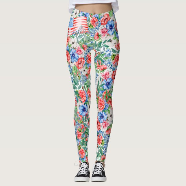 Legging Flores Vermelhas Brancas E Azuis Patriótica 4 De J (Frente)