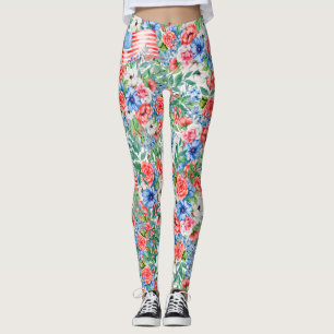 Legging Flores Vermelhas Brancas E Azuis Patrióticas 4 De 