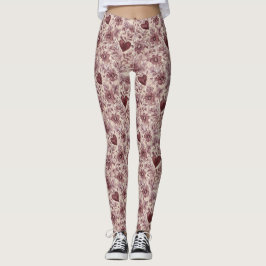 Legging Flores Vermelhas Corações Burgundy Creme