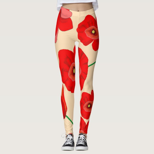 Legging Flores Vermelhas de Papoila na Ilustração de Fundo (Frente)