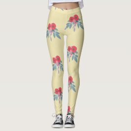 Legging Flores vermelhas e folhas verdes em castanho