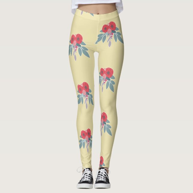 Legging Flores vermelhas e folhas verdes em castanho (Frente)