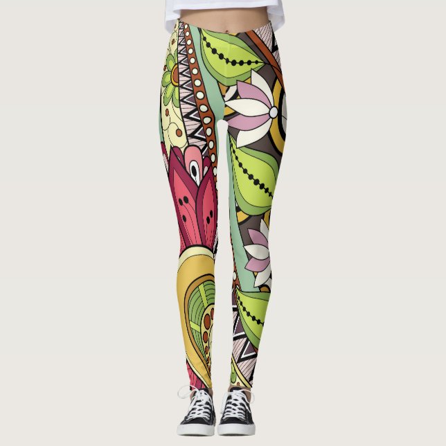 Legging Flores Vermelhas E Turfeiras Femininas Legais (Frente)
