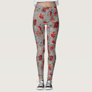 Legging Flores Vermelhas em Cinzas Escuras, Papagaios Verm