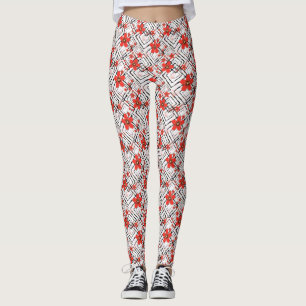 Legging Flores vermelhas em fundo branco e preto.