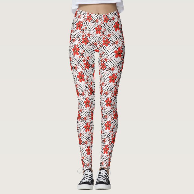 Legging Flores vermelhas em fundo branco e preto. (Frente)