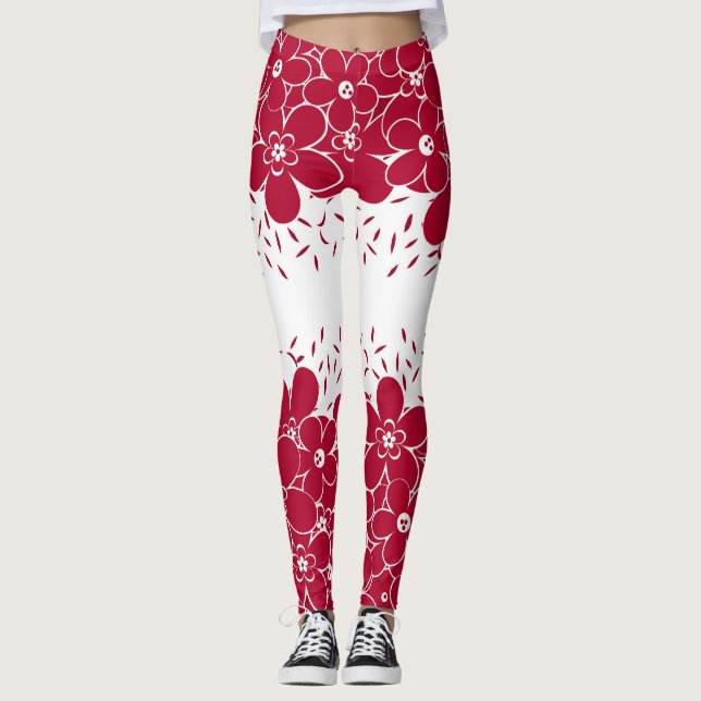 Legging Flores vermelhas margaridas sobre fundo branco (Frente)