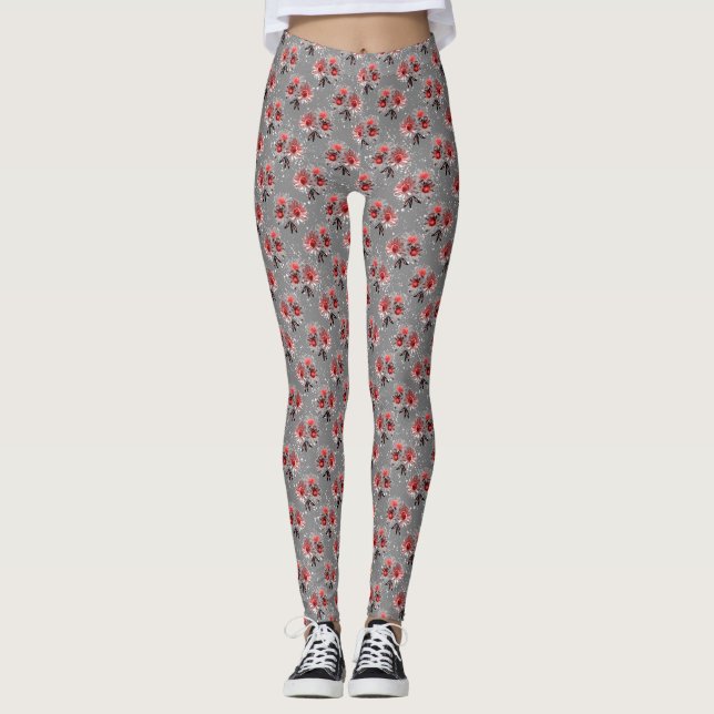Legging Flores vermelhas na cinza (Frente)