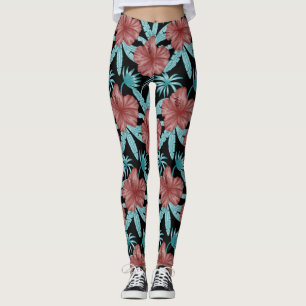 Legging Flores vermelhas padrão uniforme tropical folhas &