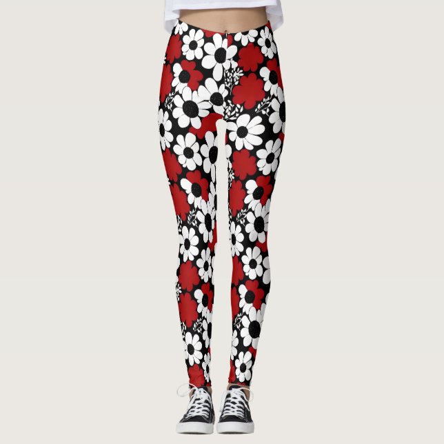 Legging Flores Vermelhas, Pretas e Brancas (Frente)
