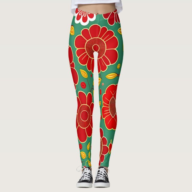 Legging Flores Vermelhos Vermelhos Vermelhos Padrões Flora (Frente)