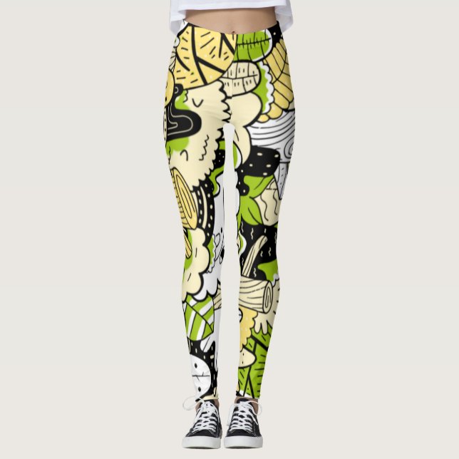 Legging Floresta Kawaii, Psicodélica Verde, Folha Funny Le (Frente)