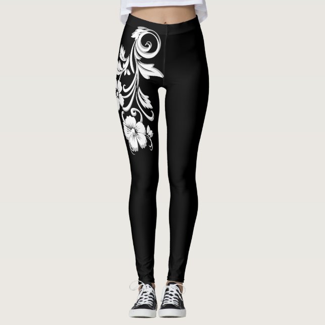 Legging Flórida floral moderna, preto e branco (Frente)