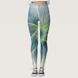 Legging Flourando Fantasia Moderna Azul Flor Fractal Verde