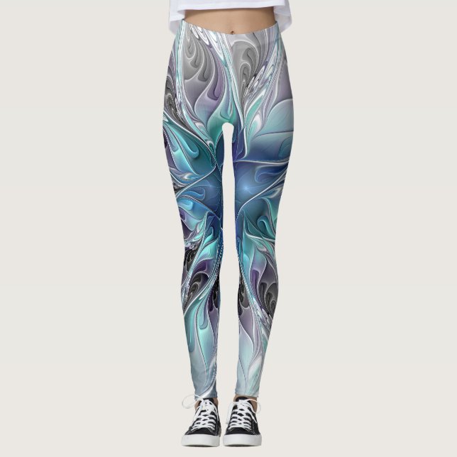 Legging Flourar Abstrato Moderno Flor Fractal Com Azul (Frente)