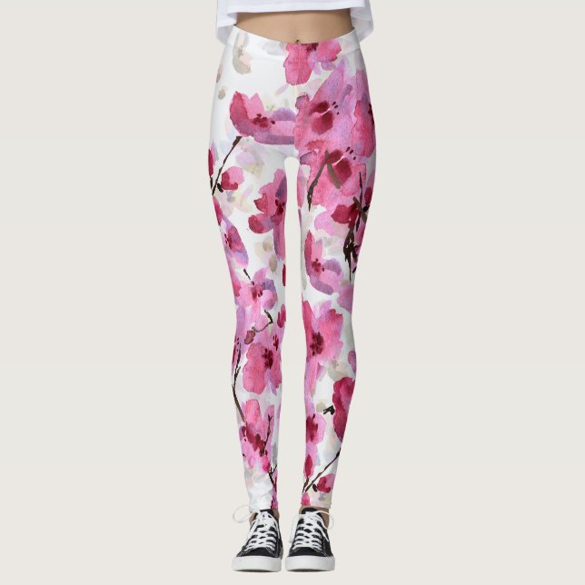 Legging Fogueira Rosa Blossoms Aquarela Sem Olho. (Frente)